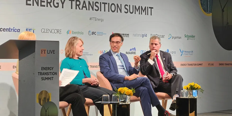 Kunal Chandra (centre), group director, strategy and sustainability, at German energy group RWE, and Jason Bordoff, (right), founding director of the Center on Global Energy Policy at Columbia University, at a panel discussion in London on 23 October 2024.
