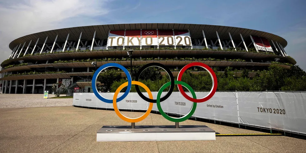 Olympic rings outside Tokyo's Olympic Stadium.