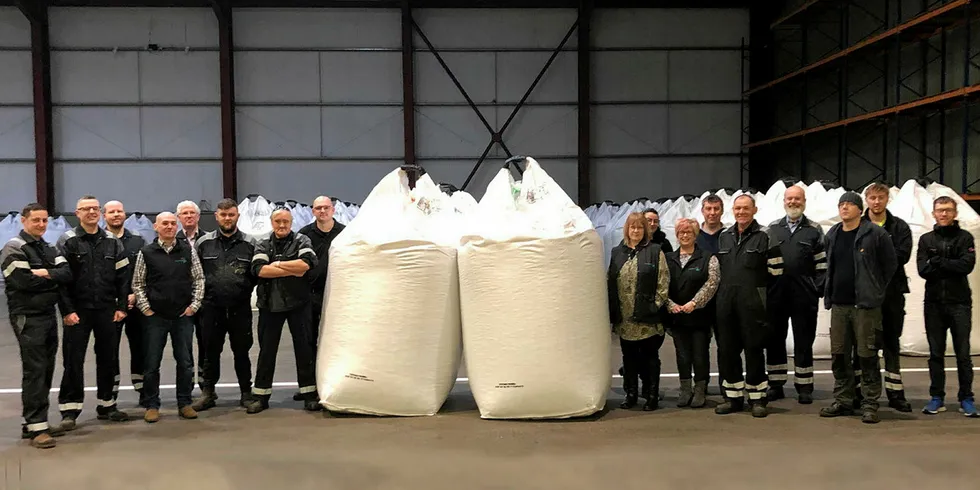 Staff at Cooke's newly re-started fish feed mill in Invergordon, Scotland. Many of the re-hired staff were laid off when Skretting closed the facility in April 2019.