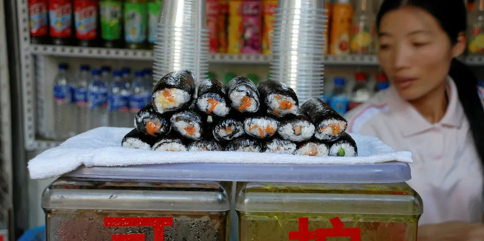A sushi seller in China. Sushi and sashimi are by far the most popular formats for Norwegian salmon in the market.