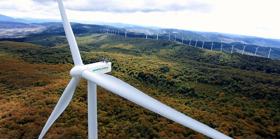 Siemens Gamesa wind turbine at wind farm in Alaiz, Spain