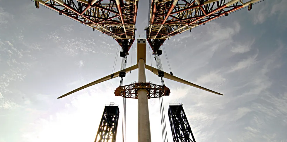 Turbine being installed at China's first offshore wind farm, Sinovel's Donghai Bridge project