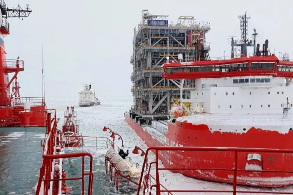The heavylift vessel Audax (built 2016) arrives in Russia with an Arctic LNG 2 module shipped via the Northern Sea Route from China in winter.