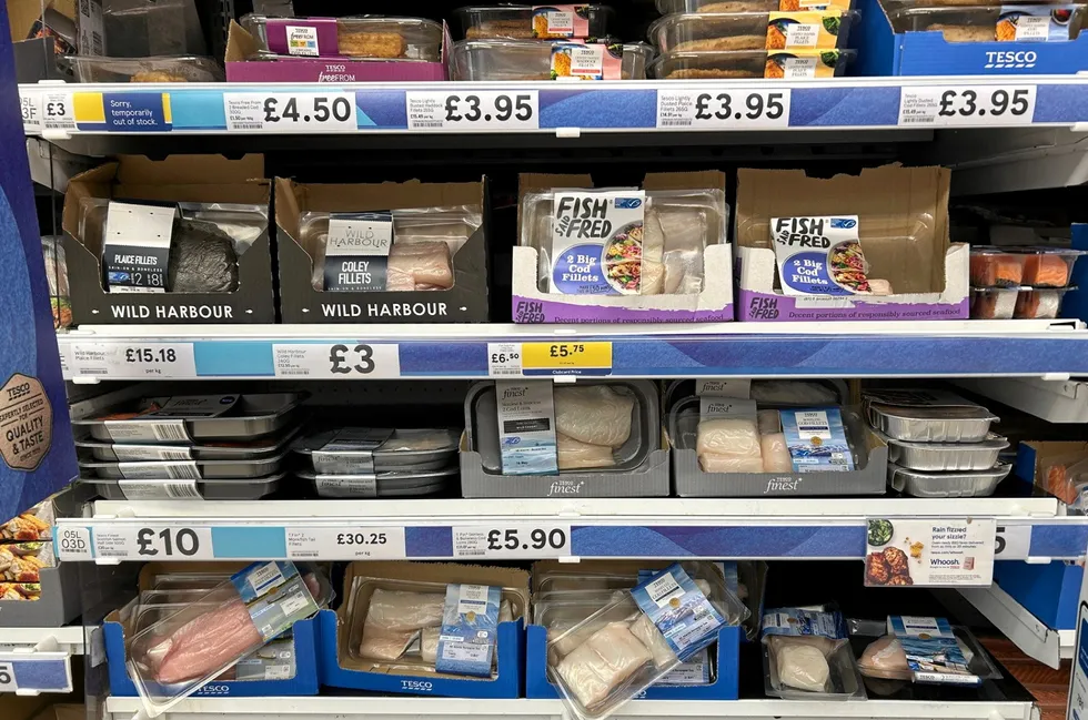 Pre-packaged seafood on the shelves of UK retailer Tesco.