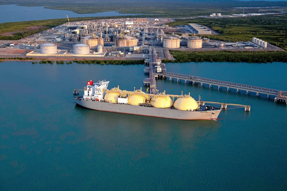 Loading: the LNG carrier Pacific Breeze at the Ichthys LNG facility in Darwin, Australia