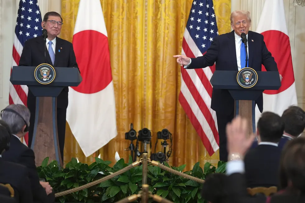President Donald Trump answers questions during a news conference with Japan's Prime Minister Shigeru Ishiba at the White House, Friday, Feb. 7, 2025, in Washington. (AP Photo/Evan Vucci)