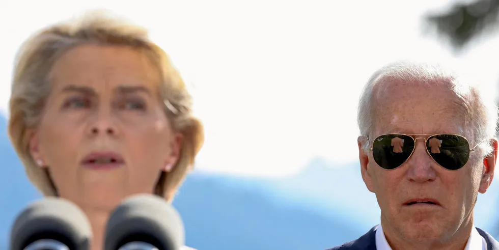 European Commission President Ursula von der Leyen is seen next to US President Joe Biden.