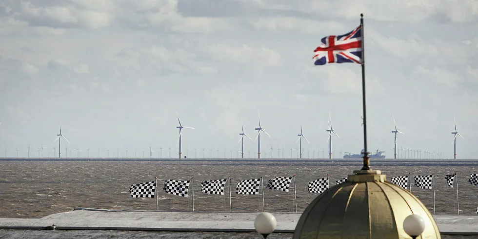 The UK's Gunfleet Sands wind farm, as seen from the town of Clacton-on-Sea