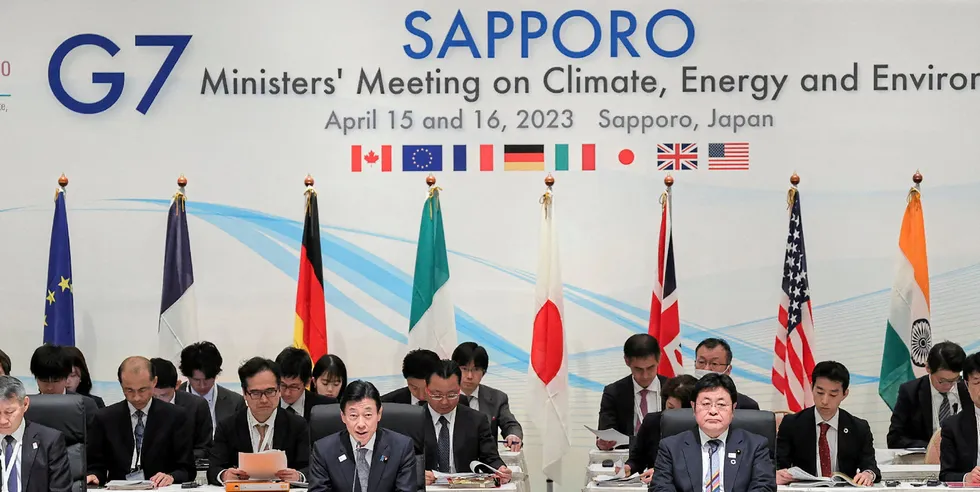 Japan's Minister of Economy, Trade and Industry Yasutoshi Nishimura (front L) and Minister of the Environment Akihiro Nishimura (front R) attend the G7 Ministers' Meeting on Climate, Energy and Environment in Sapporo.