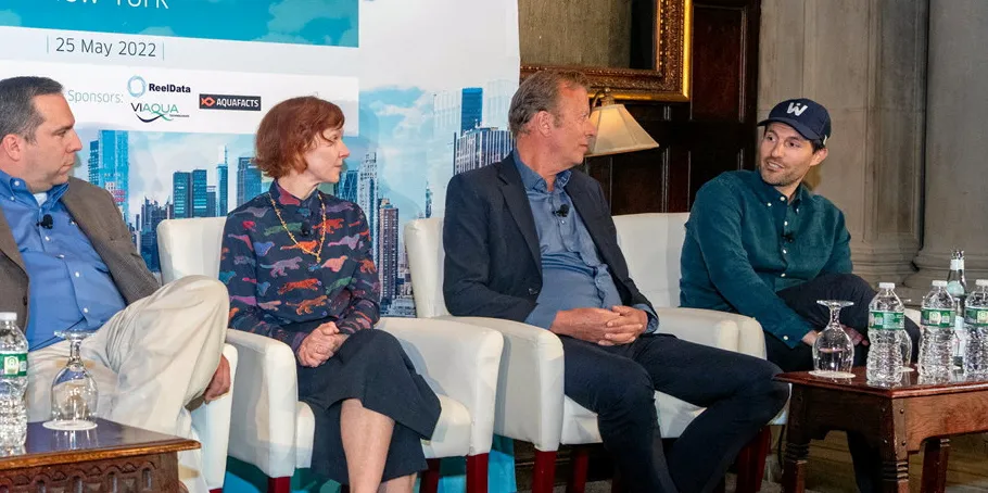 Ben Friedman, Chief Growth Officer at cellular seafood company WildType (far right), speaks at the IntraFish Seafood Investor Forum in New York City in May 2022. WildType is joining the fight against the proposed Pebble Mine, which threatens the Bristol Bay watershed, home of the world's largest wild salmon run. Also pictured are (l-r) Tom Mastrobuoni, Chief Investment Officer, Big Idea Ventures and Heather Courtney, CEO, Alwyn Capital.