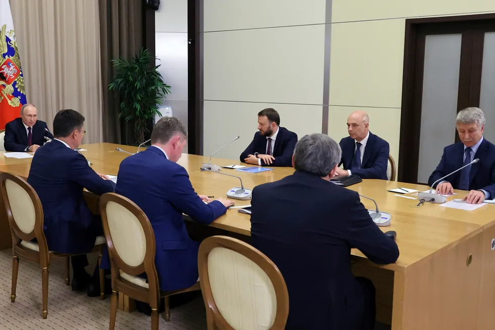 Russian President Vladimir Putin (far left) and Novatek executive board chairman Leonid Mikhelson (far right) at a meeting on Novatek's Murmansk LNG project in September 2023.