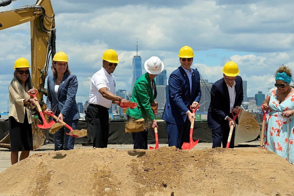 Nyserda CEO Doreen Harris, New York City Mayor Eric Adams, president of Equinor Renewables Americas Molly Morris, Congressman Dan Goldman and others at SBMT groundbreaking.
