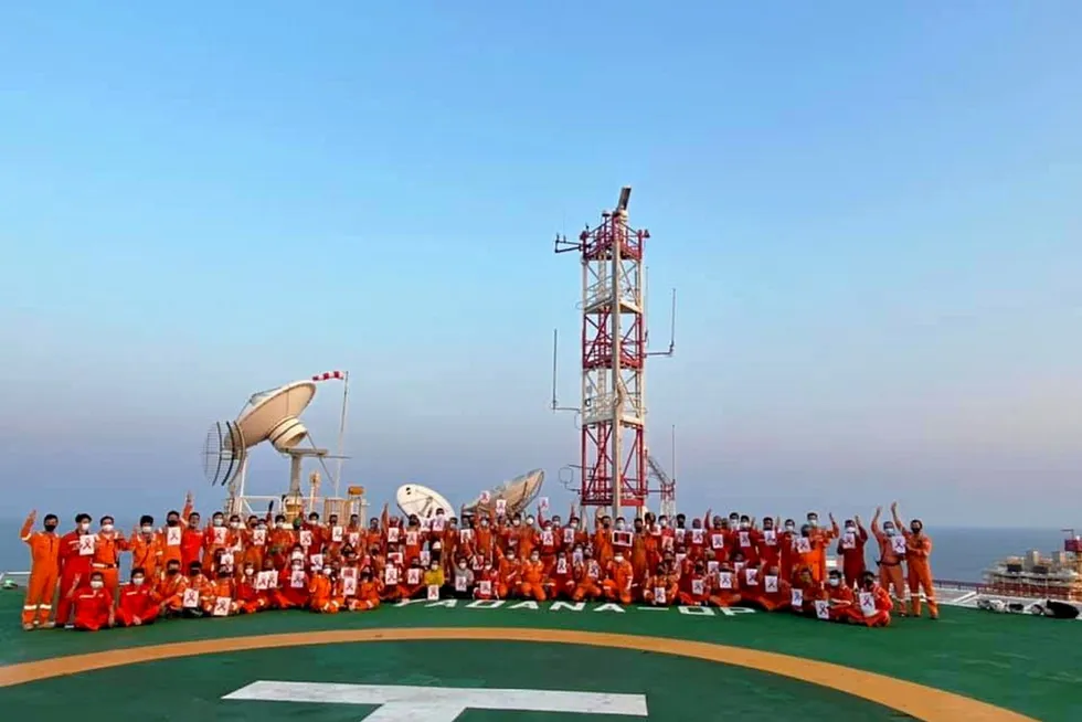 Support: workers on Total's Yadana field offshore Myanmar in support of the ousted democratically elected civilan government