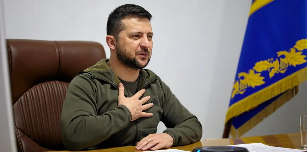 Volodymyr Zelensky, Ukraine President, speaking via conference call to the Swedish Riksdag on March 24. New sanctions against Russian businessmen drew in one major seafood magnate.