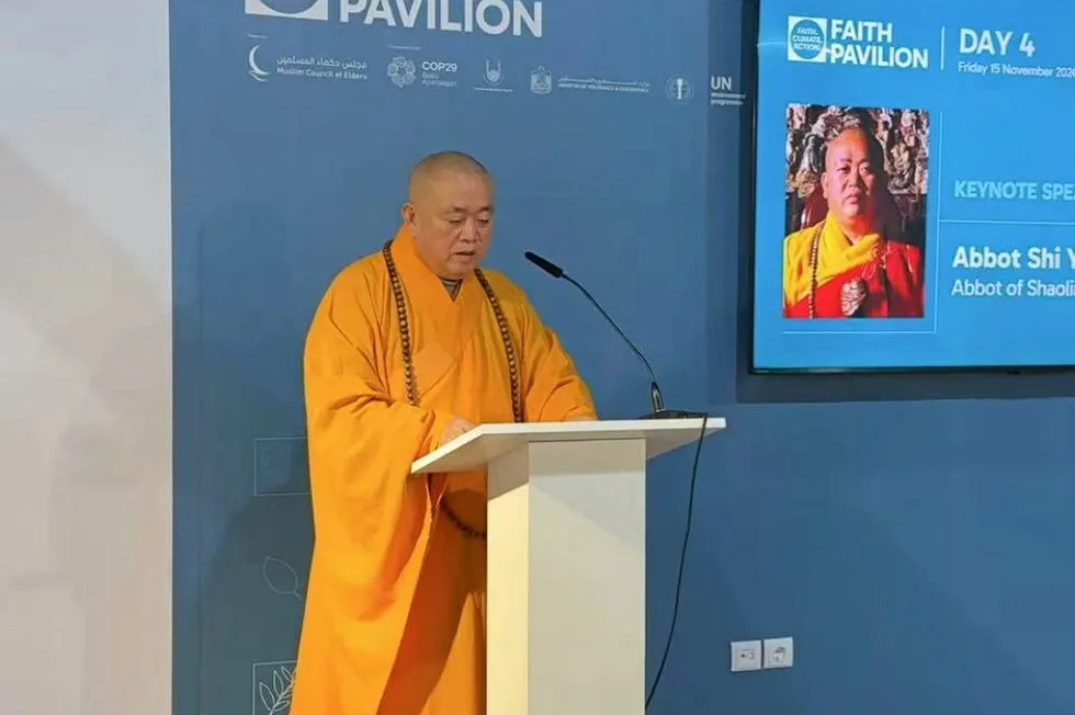 Shaolin Temple abbot, Shi Yongxin, speaking at COP29 in Baku, Azerbaijan.