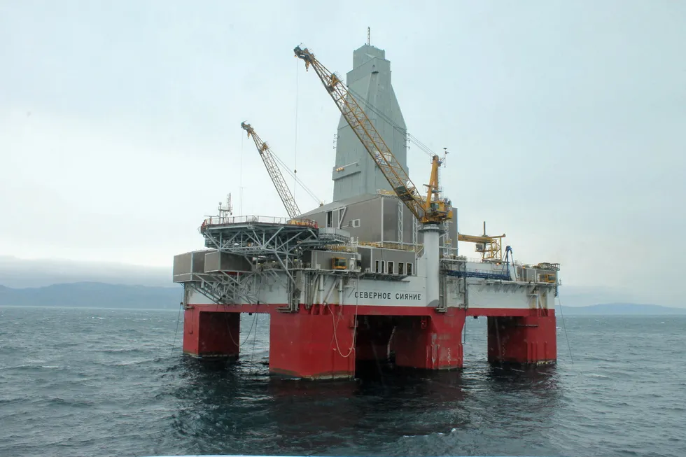 Heading west: Gazprom-owned semisubmersible drilling rig Severnoye Siyaniye, also known as Polar Lights, seen near the Sakhalin Island in the Russian Far East
