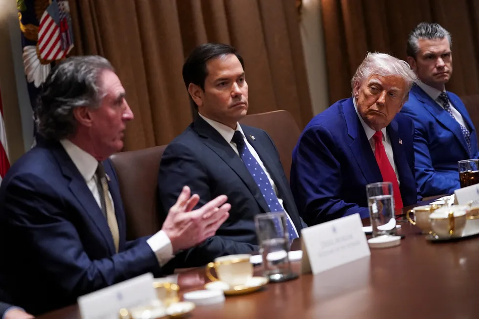 US Secretary of the Interior Doug Burgum, left, speaks as Secretary of State Marco Rubio, President Donald Trump and Secretary of Defense Pete Hegseth listen during a cabinet meeting at the White House in Washington, DC, US, on 10 April 2025.