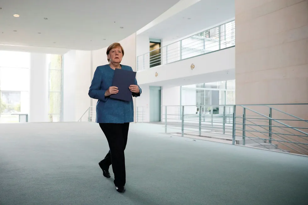 Formulating response: German Chancellor Angela Merkel arrives for a statement on the poisoning of Russian opposition leader Alexei Navalny at the chancellery in Berlin, Germany, earlier in September
