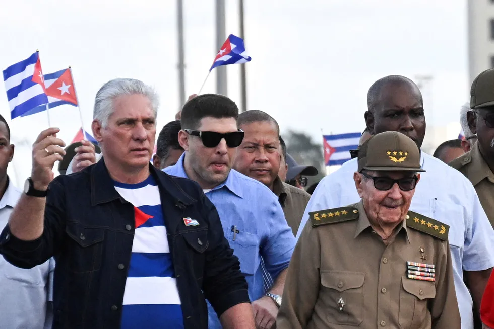 Cuba's former President Raul Castro (right) and Cuba's President Miguel Diaz-Canel (left) in Havana, Cuba, on 20 December 2024