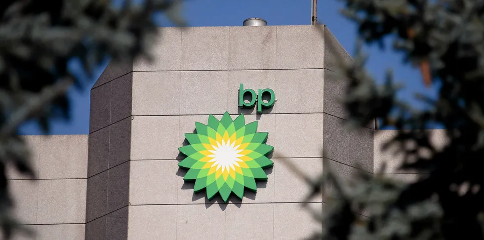 A view of the BP logo near the top of the BP Exploration Alaska headquarters.