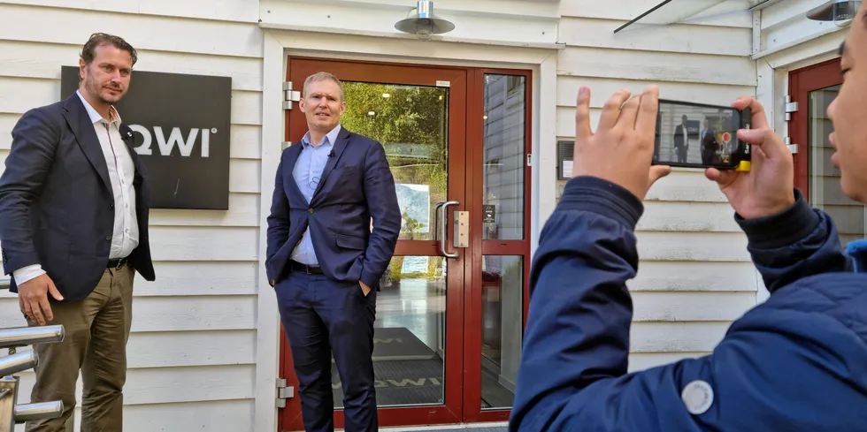 Mowi CEO Ivan Vindheim meets with conservative-leaning parliamentarian Helge André Njåstad of the FrP party on Friday, Sept. 30.