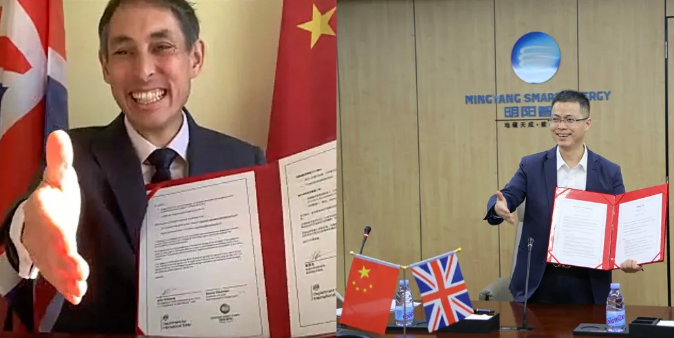 The UK's trade commissioner for China, John Edwards, left, and MingYang president Qiying Zhang perform a virtual handshake after signing the MoU online.