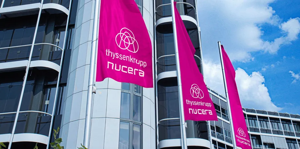 Flags with new brand name of Thyssenkrupp Nucera at headquarters in Essen, Germany