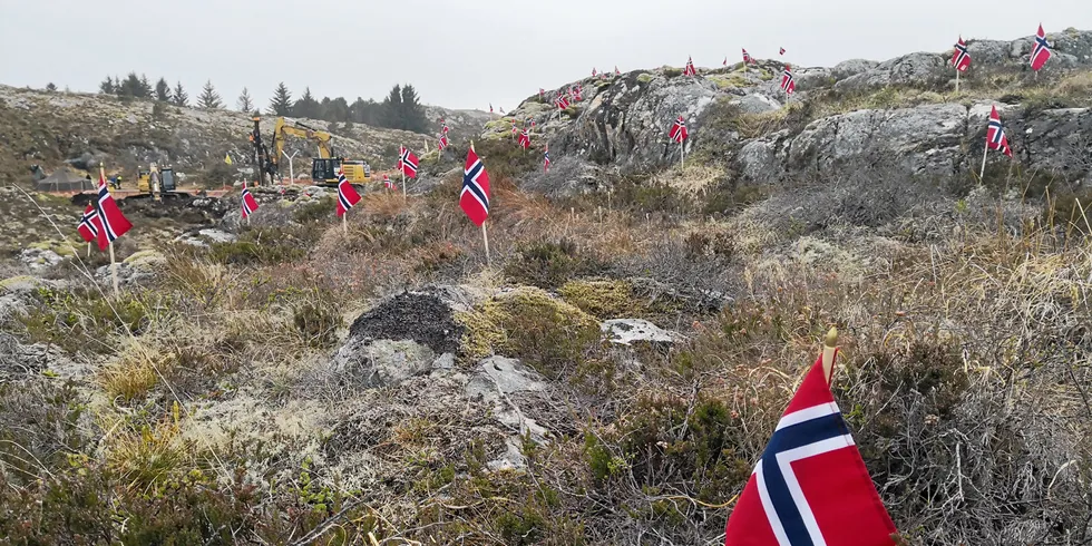 Scene of protest action against the construction of wind turbines in Norway under the banner "Nei til vindkraft på Frøya"