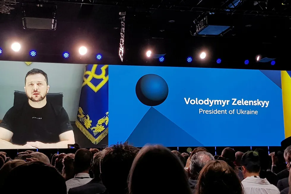 Investor appeal: Ukraine’s President Volodymyr Zelensky speaking to a packed room at ONS 2022