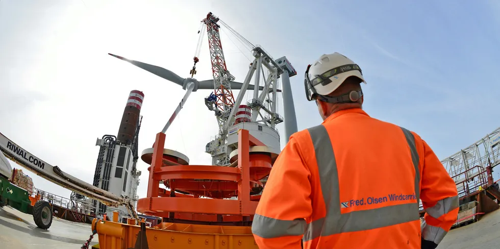 Fred Olsen Windcarrier loading up for Wikinger wind farm off Germany