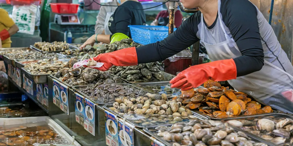 Seafood merchants selling products in China.