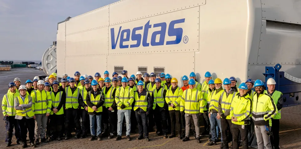 Vestas staff with an EnVentus prototype nacelle.