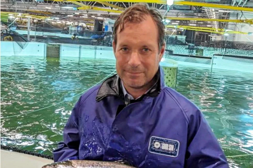 CEO Joachim Nielsen with one of Proximar's land-farmed Atlantic salmon.