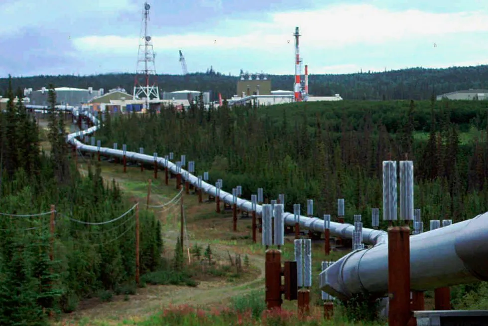 A segment of the Trans-Alaska Pipeline System and a pump station north of Fairbanks, Alaska.