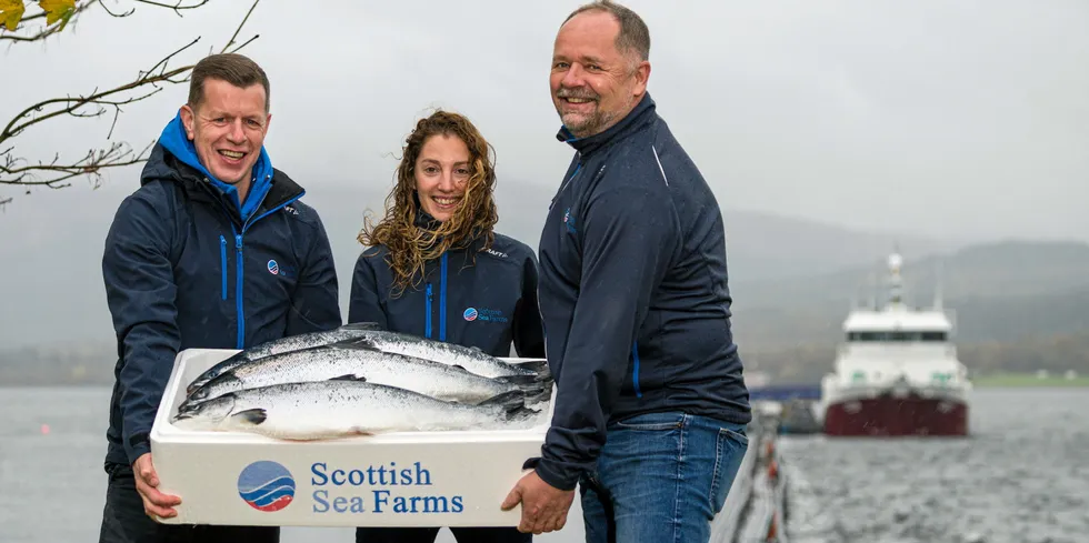 Scottish Sea Farms’ Jim Gallagher, Noelia Rodriguez and Paal Tangvik with first RAS-grown fish to be harvested.