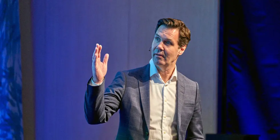 Leroy Seafood CEO Henning Beltestad speaking at the North Atlantic Seafood Forum (NASF) in 2023.