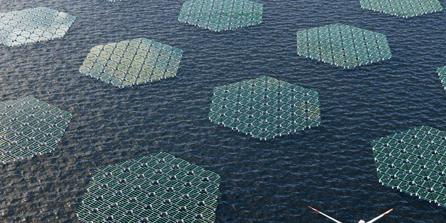 Solar Duck Large Plant 2022 . Image of floating solar array within an offshore wind farm.