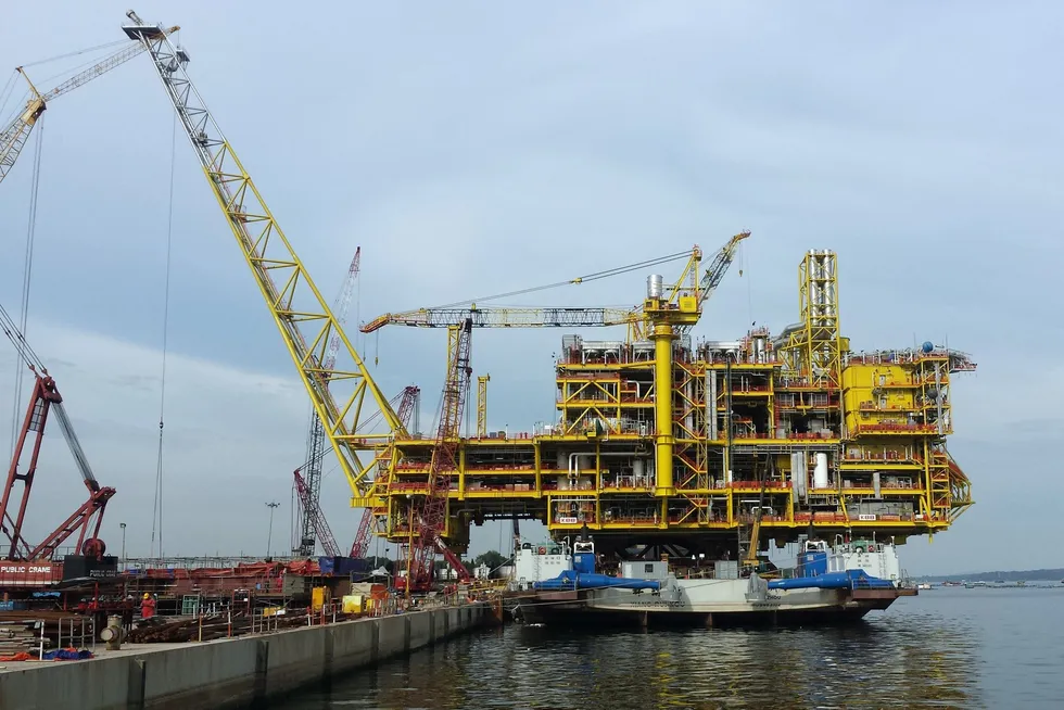 The 2014 loadout of the topsides for Malaysia’s Kebabangan North Hub development, offshore Sabah, Malaysia.