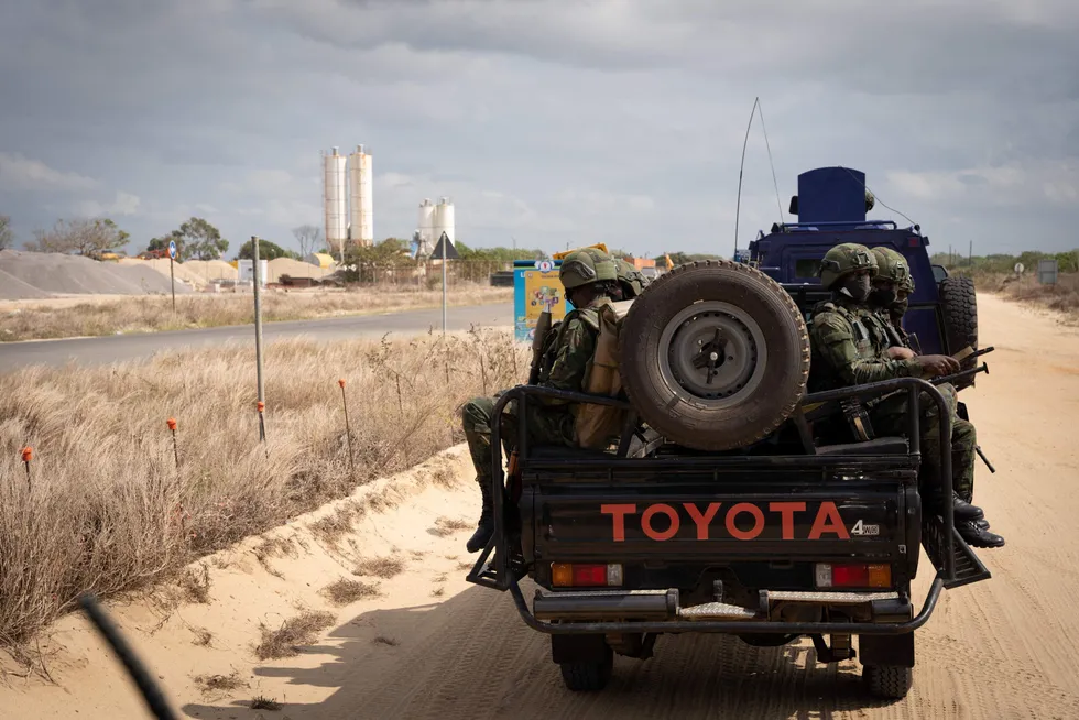 Security needed: Rwandan soldiers on patrol near the Afungi LNG construction site in Cabo Delgado where ExxonMobil's Rovuma liquefaction complex will be built