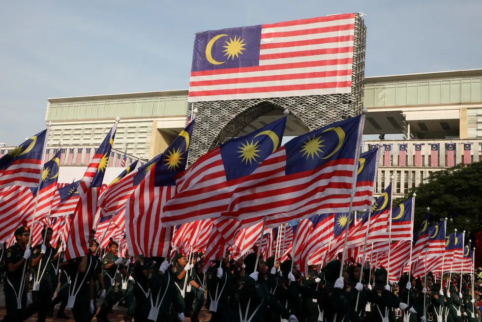 Flag bearers at the 62nd Merdeka Day (Independence Day) celebrations in Putrajaya, Malaysia.