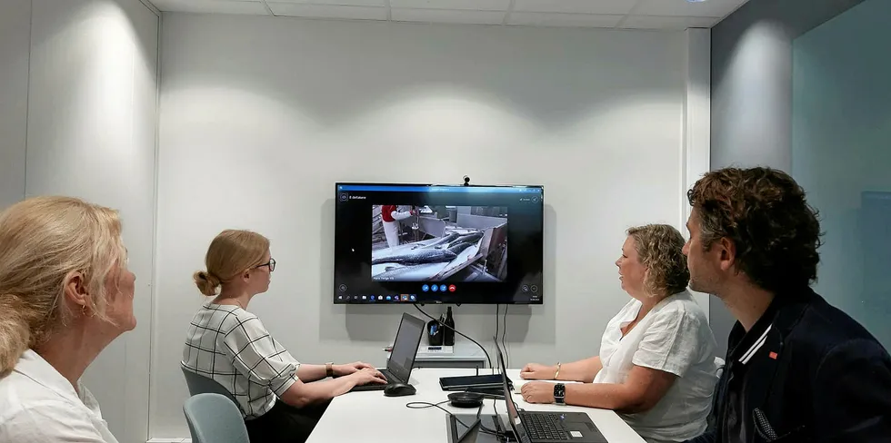 Chinese authorities digitally inspected three Norwegian salmon factories after a new cluster of COVID cases in Beijing was initially linked to a salmon chopping board. Pictured are the Food Safety Authority's representatives during one of the inspections.