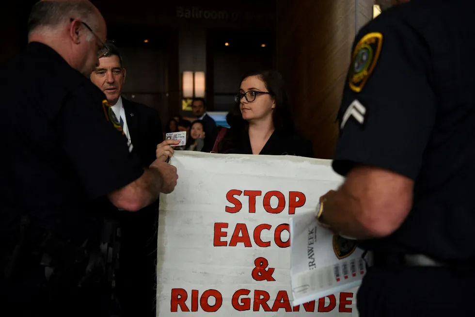 Strong words: Aly Tharp, an organiser from climate justice advocacy organisation GreenFaith, protests at the CERAWeek 2023 energy conference in Houston, Texas.