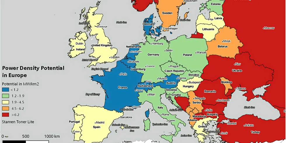 Europe's onshore wind density potential.