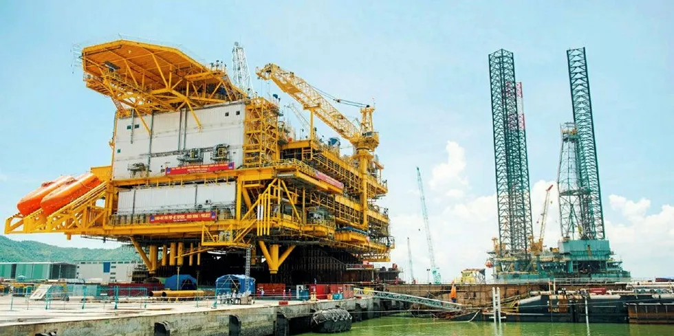 Topsides for the Bien Dong oil & gas field development off Vietnam awaiting load-out at PTSC M&C