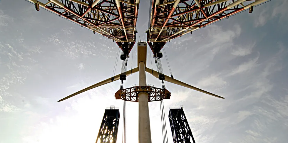 Wind turbine being installed at China's first offshore wind farm, Sinovel's Donghai Bridge