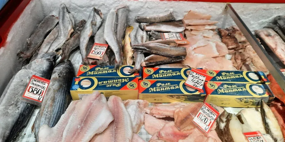 Frozen pollock fillet on sale at the city market in Kaliningrad, Russia, Feb. 4, 2024