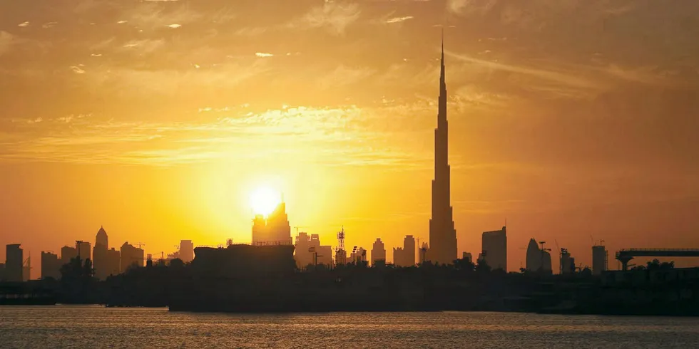 The sun going down over Dubai