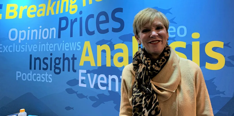 Sylvia Wulf at IntraFish's booth at Seafood Expo North America 2019 in Boston.