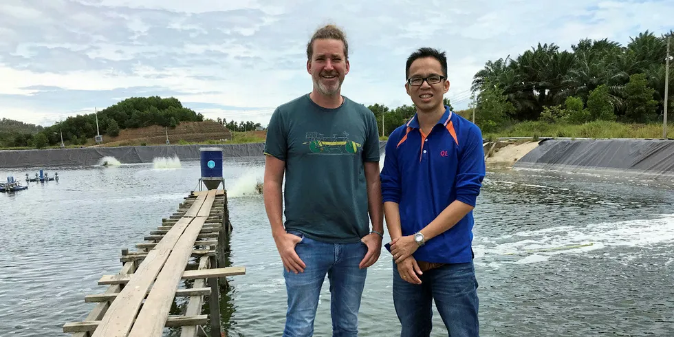 Christoph Baldegger, left, Bonafide CEO on a Sabah, Malaysia shrimp farm.