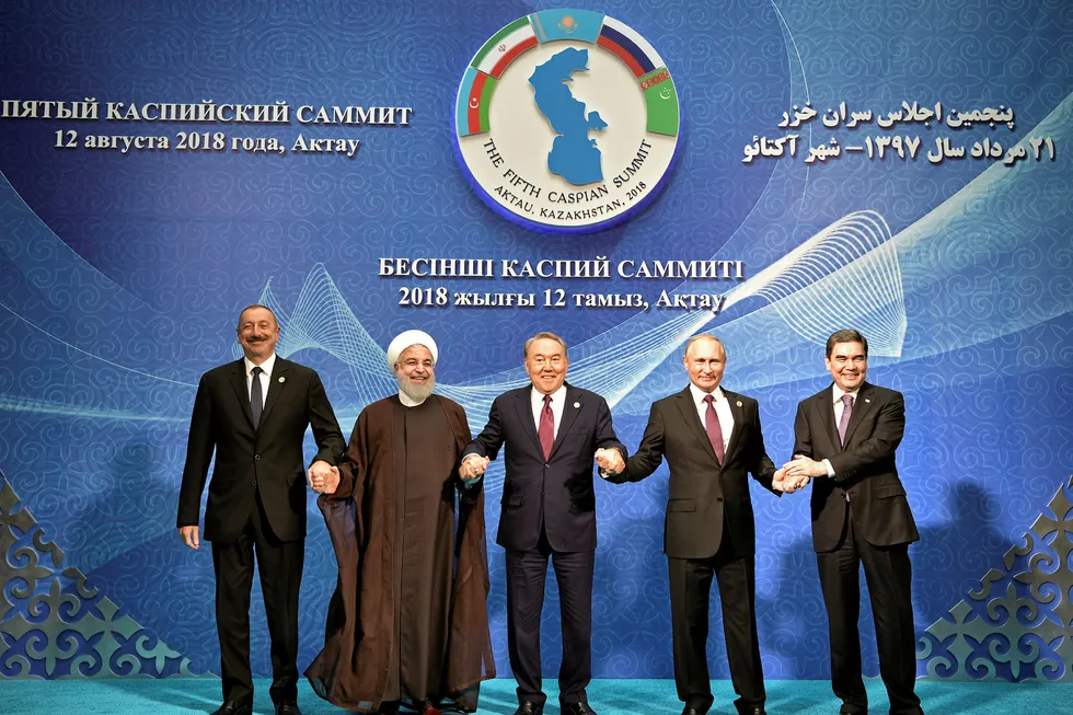 Meeting: Azeri President Ilham Aliyev, Iranian President Hassan Rouhani, Kazakh President Nursultan Nazarbayev, Russian President Vladimir Putin and Turkmen President Kurbanguly Berdymukhamedov at the Fifth Caspian Summit in Aktau, Kazakhstan